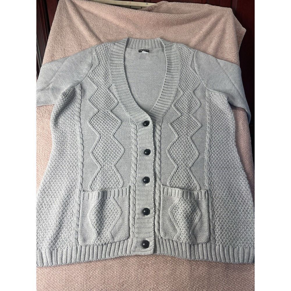 Venus Cardigan Sweater Women 2X  Long Line‎ Black Button V Neck Heather Gray